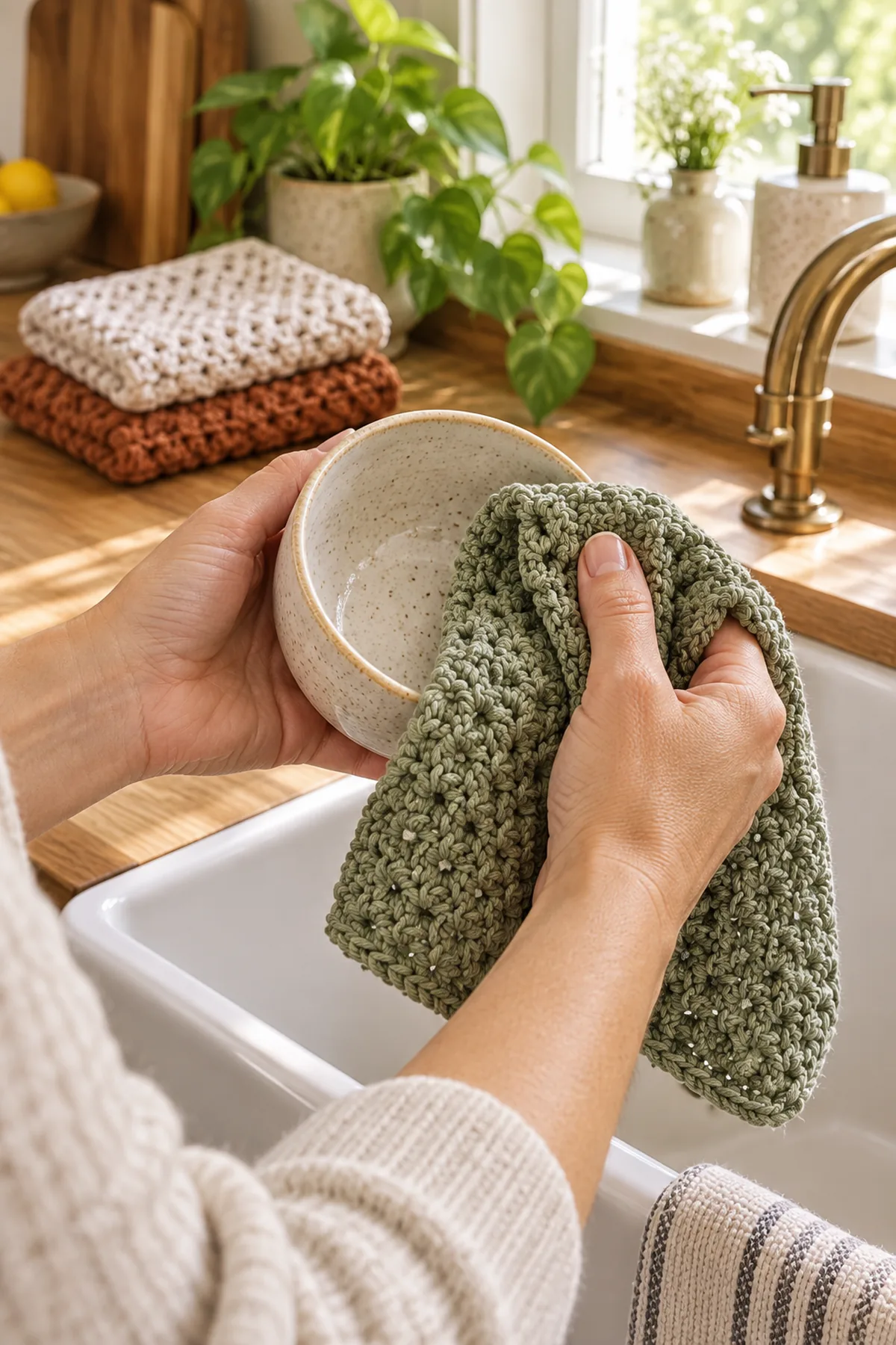 Finished crochet textured cotton dishcloth set styled in a bright natural setting
