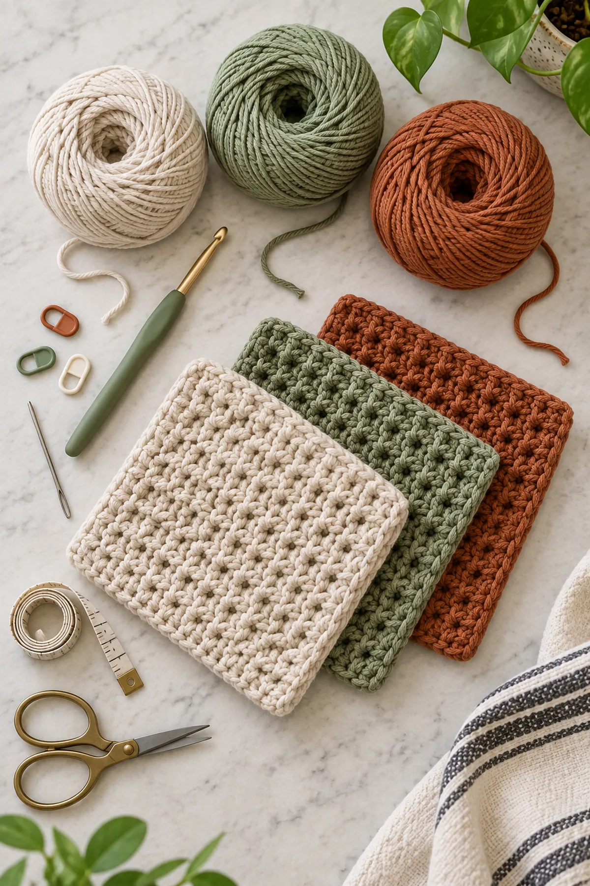 Yarn, crochet hook, stitch markers, yarn needle, tape measure, and scissors for crochet textured cotton dishcloth set