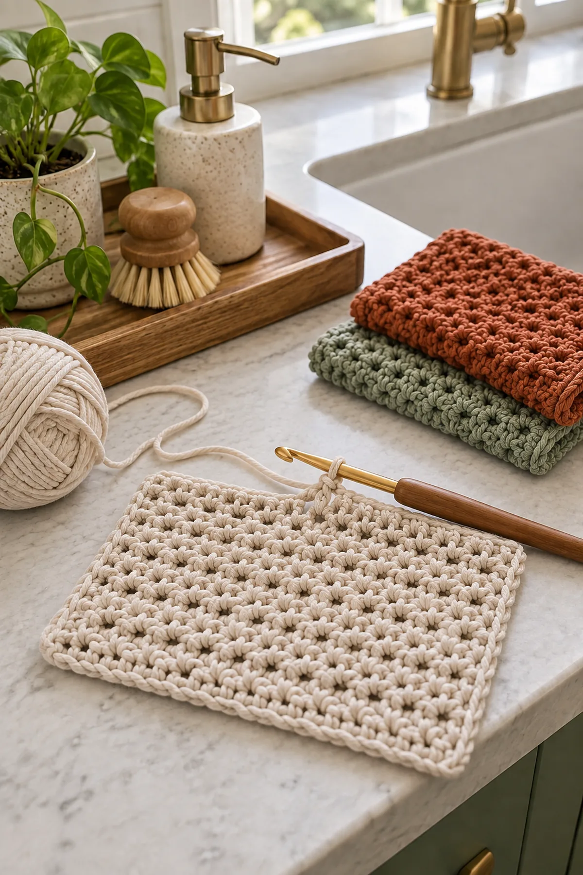 Early crochet construction stage for crochet textured cotton dishcloth set with working yarn and hook