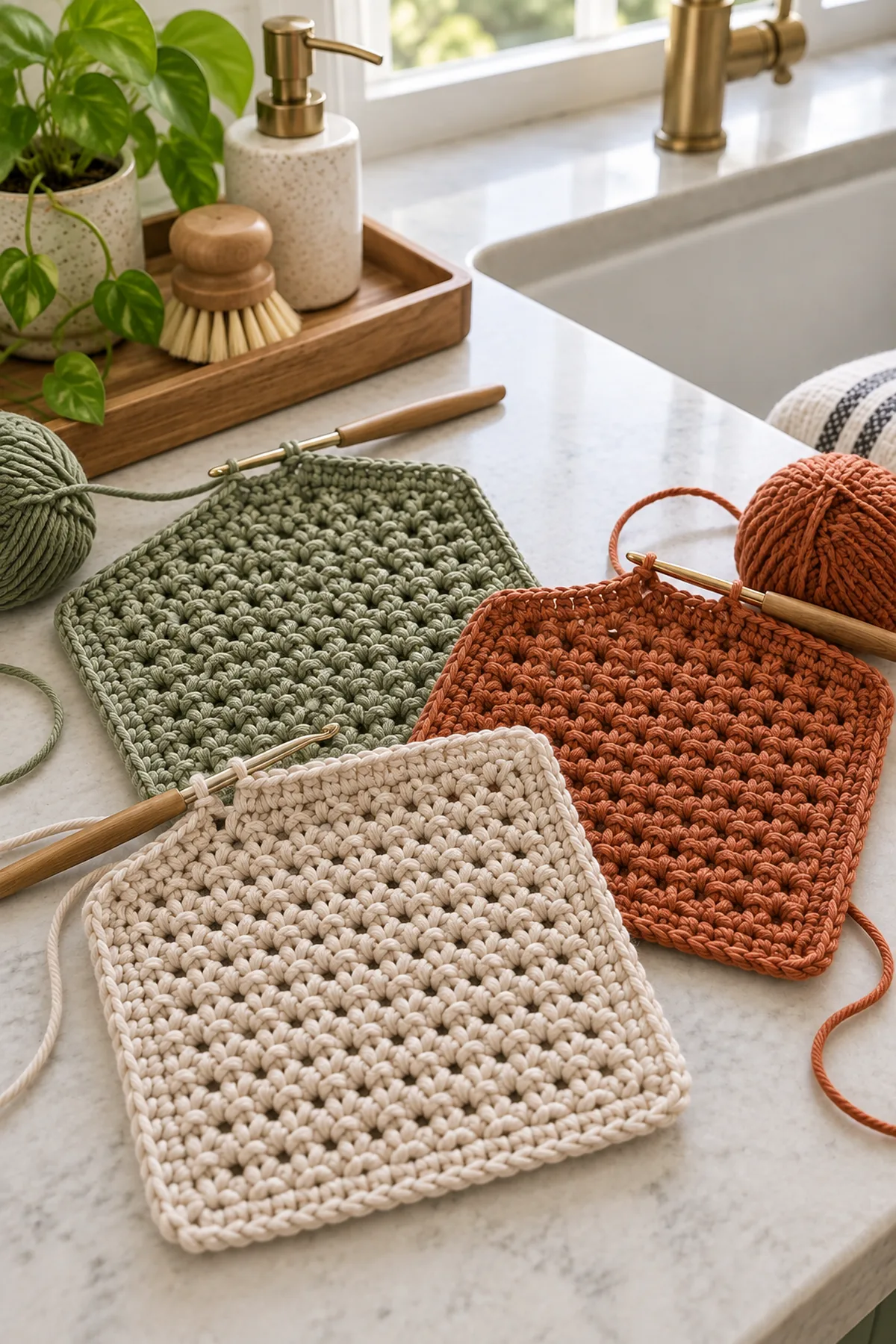 Mid-process crochet construction and shaping for crochet textured cotton dishcloth set