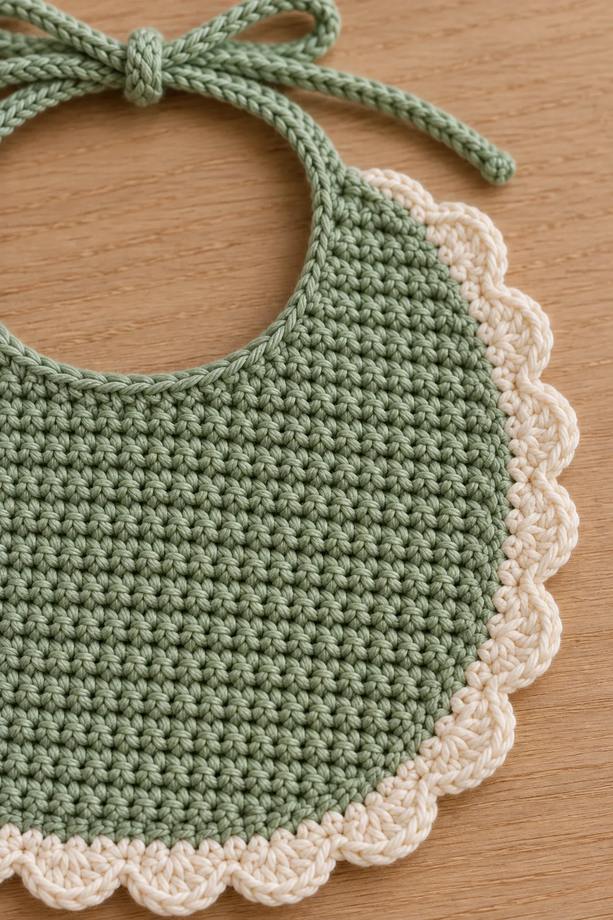 Close-up of stitch texture and finishing details on easy crochet baby bib with scalloped edge