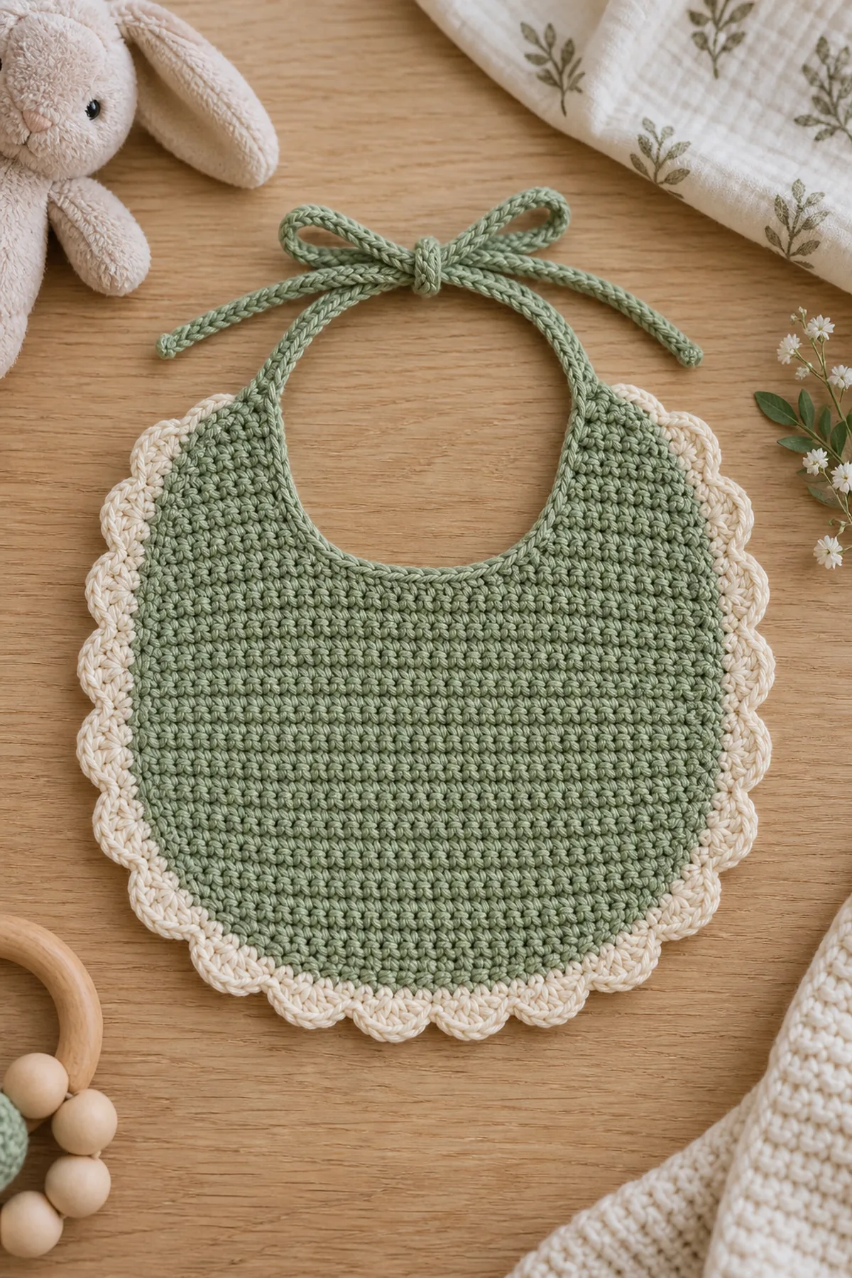 Finished easy crochet baby bib with scalloped edge displayed with a clean handmade finish