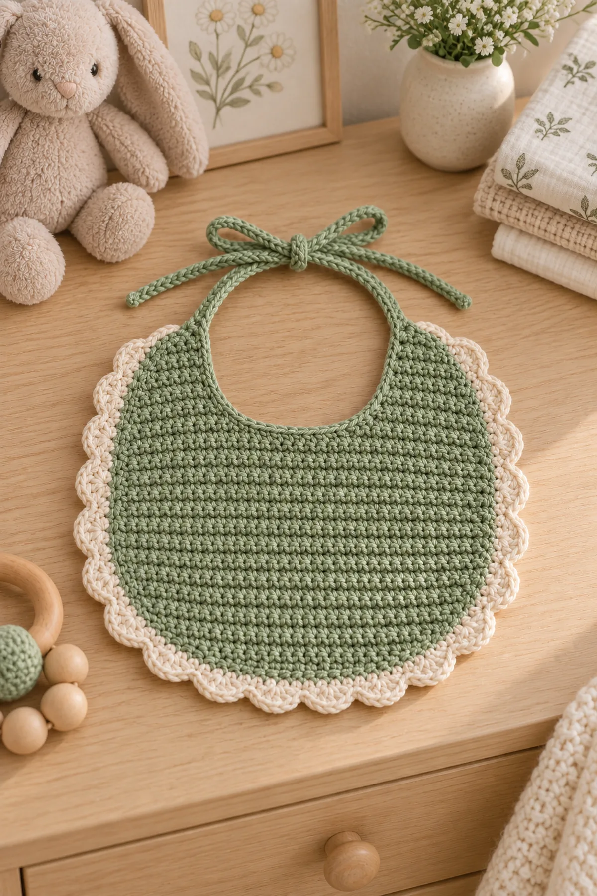 Finished easy crochet baby bib with scalloped edge styled in a bright natural setting