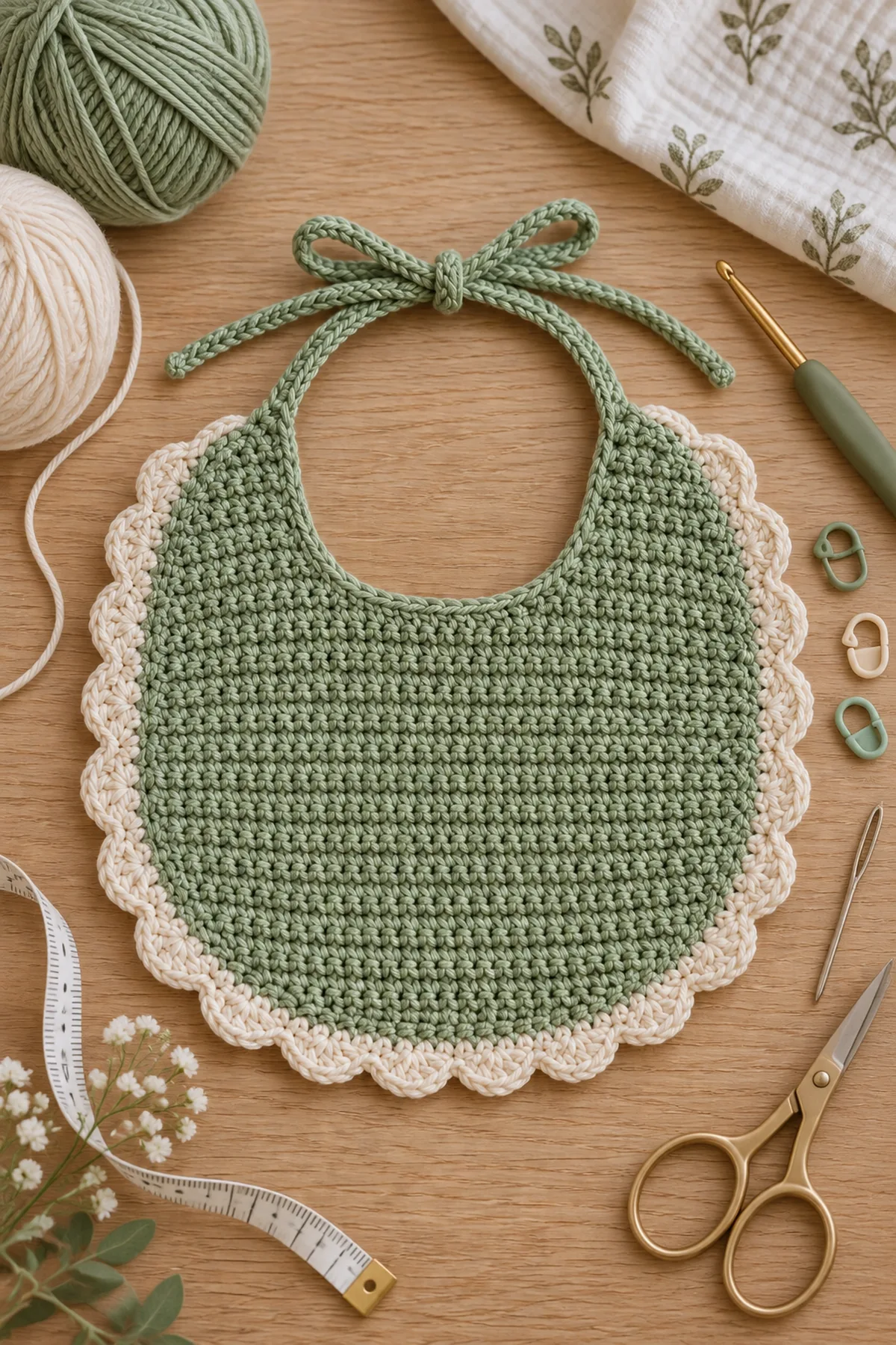 Materials for easy crochet baby bib with scalloped edge including yarn, crochet hook, markers, needle, tape measure, and scissors