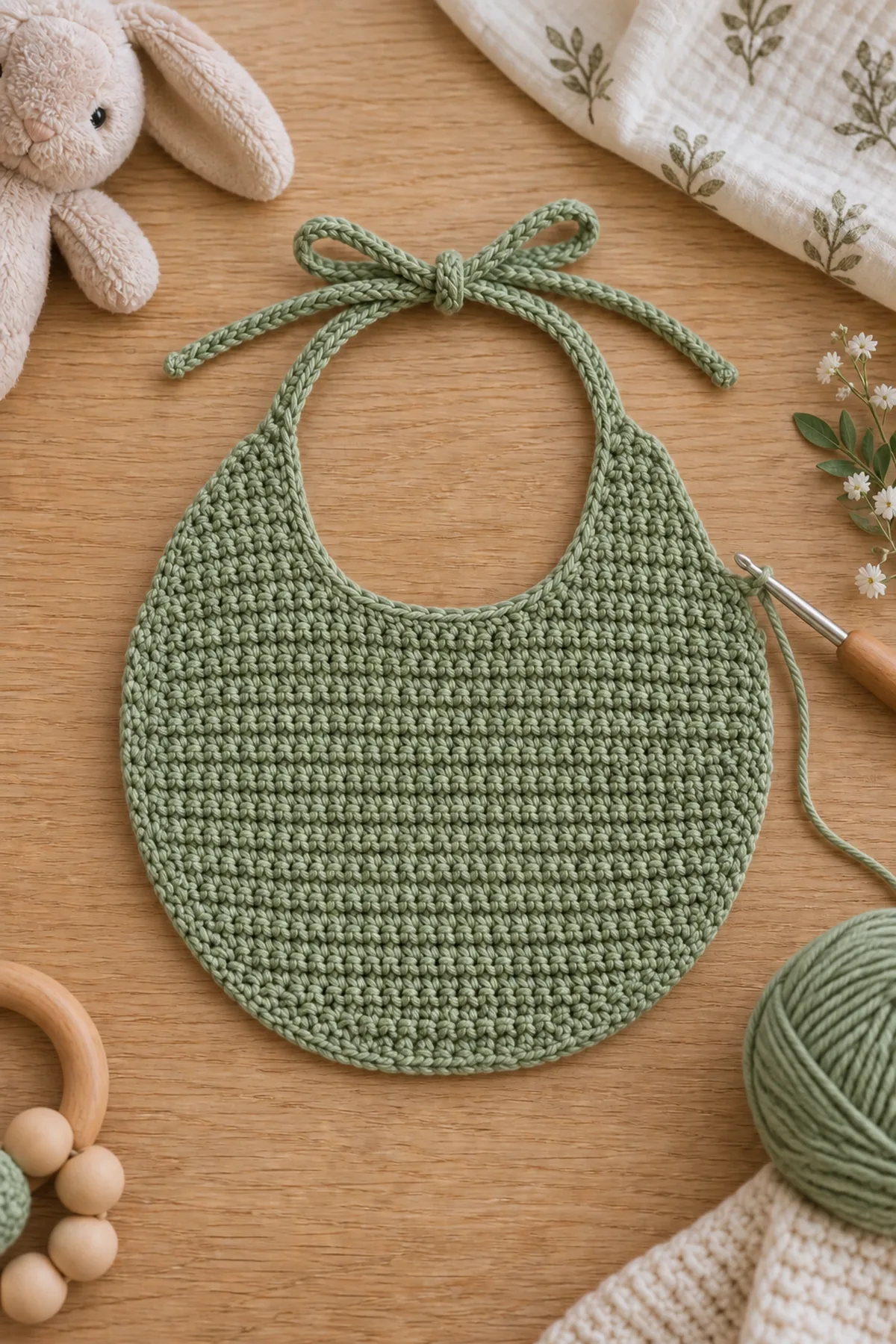 Early crochet construction stage for easy crochet baby bib with scalloped edge with working yarn and hook