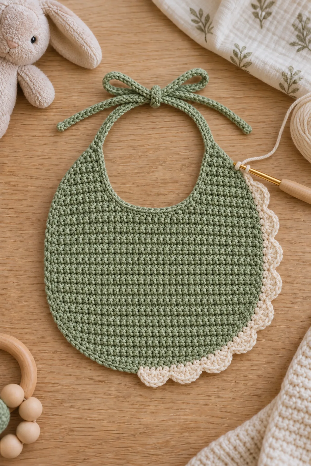 Mid-process crochet construction and shaping for easy crochet baby bib with scalloped edge