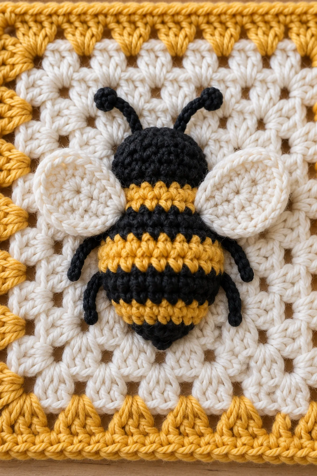 Close-up of stitch texture and finishing details on easy crochet bumblebee granny square