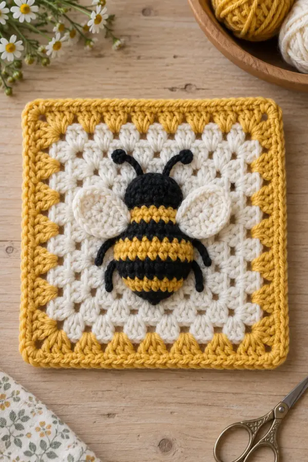 Finished easy crochet bumblebee granny square displayed with a clean handmade finish