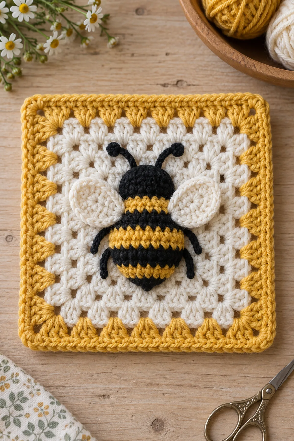 Finished easy crochet bumblebee granny square displayed with a clean handmade finish