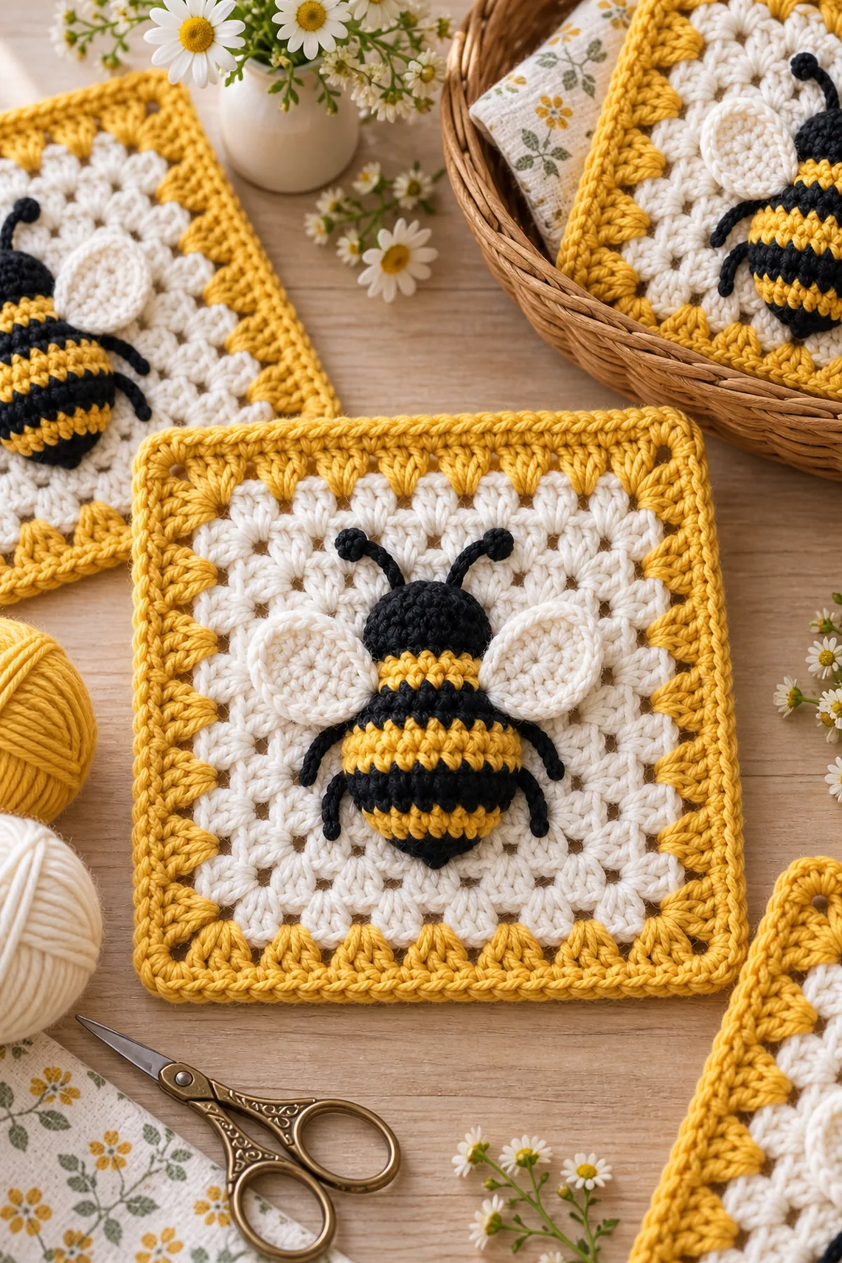 Finished easy crochet bumblebee granny square styled in a bright natural setting