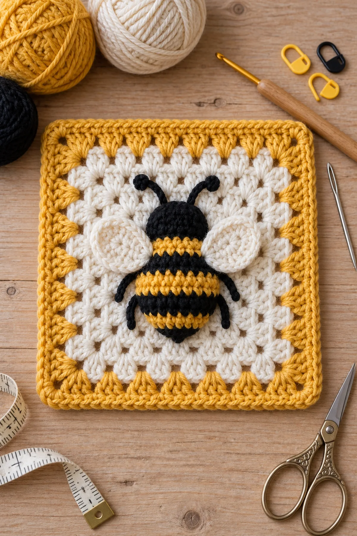 Materials for easy crochet bumblebee granny square including yarn, crochet hook, markers, needle, tape measure, and scissors