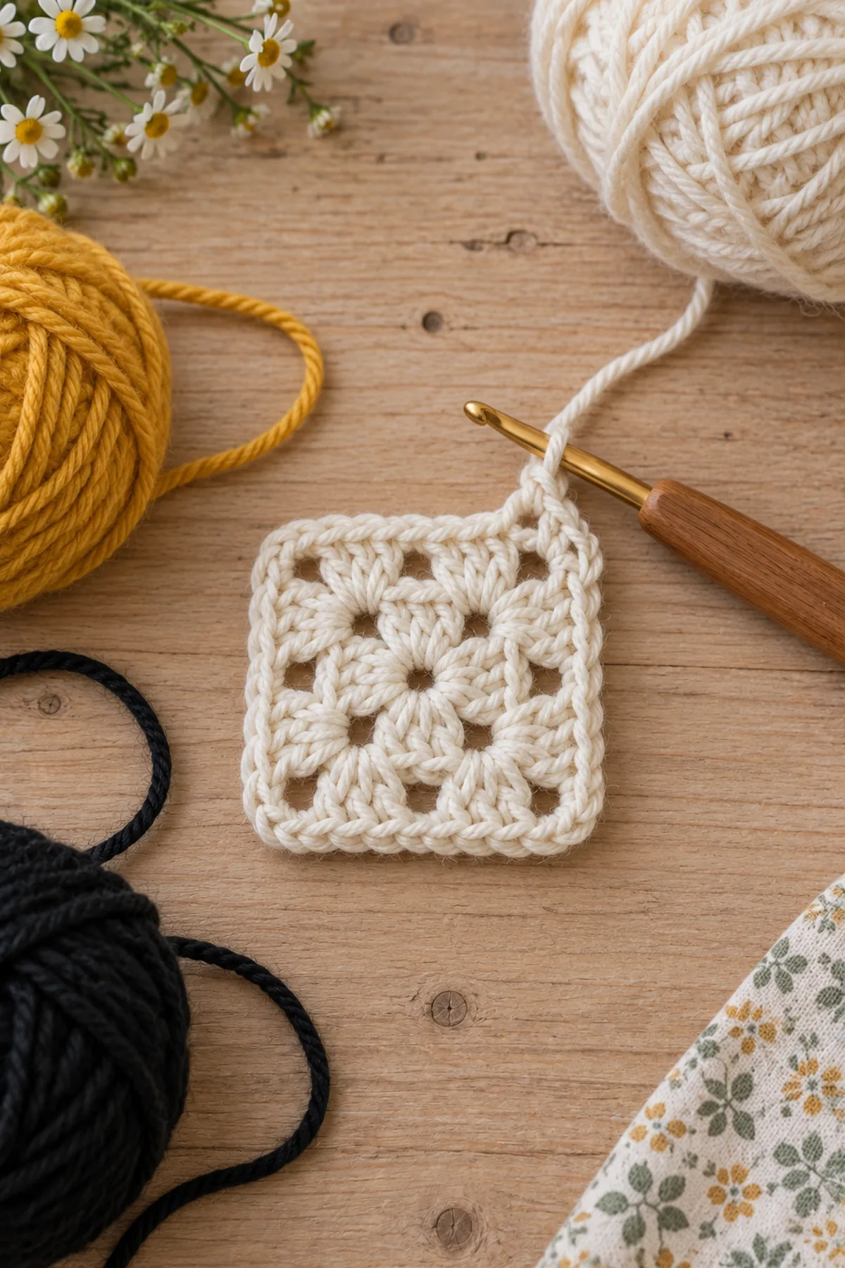 Early crochet construction stage for easy crochet bumblebee granny square with working yarn and hook