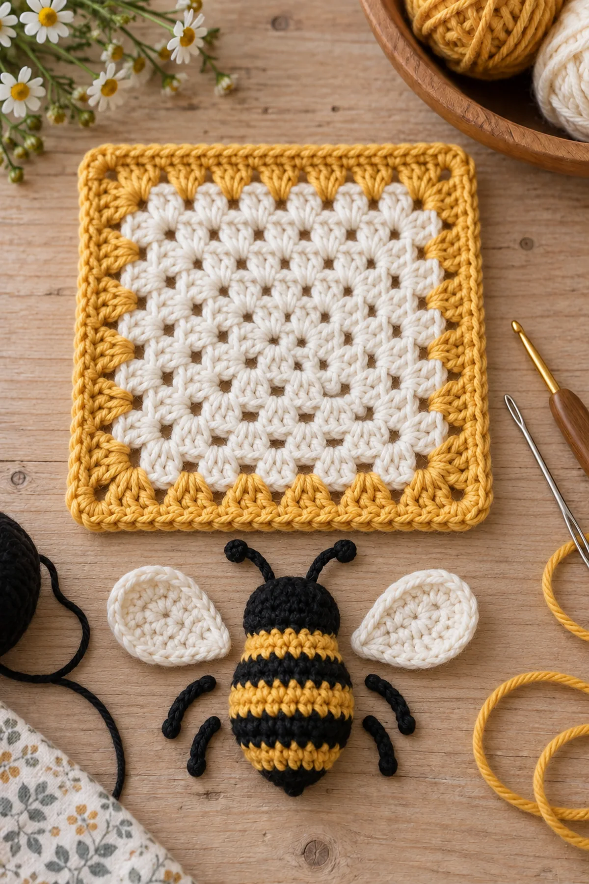 Mid-process crochet construction and shaping for easy crochet bumblebee granny square