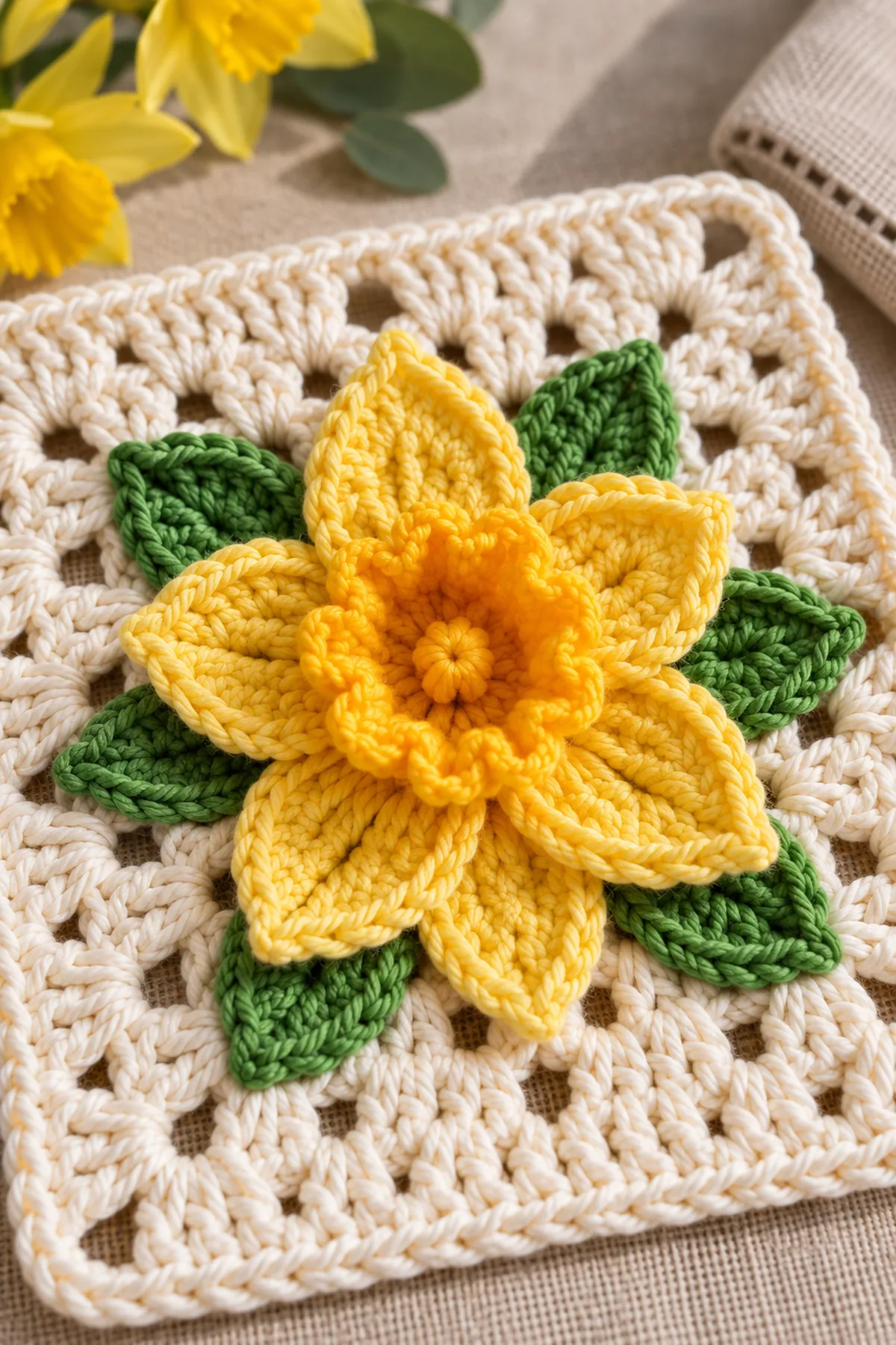 Close-up of the stitch texture and finishing details on easy crochet daffodil granny square