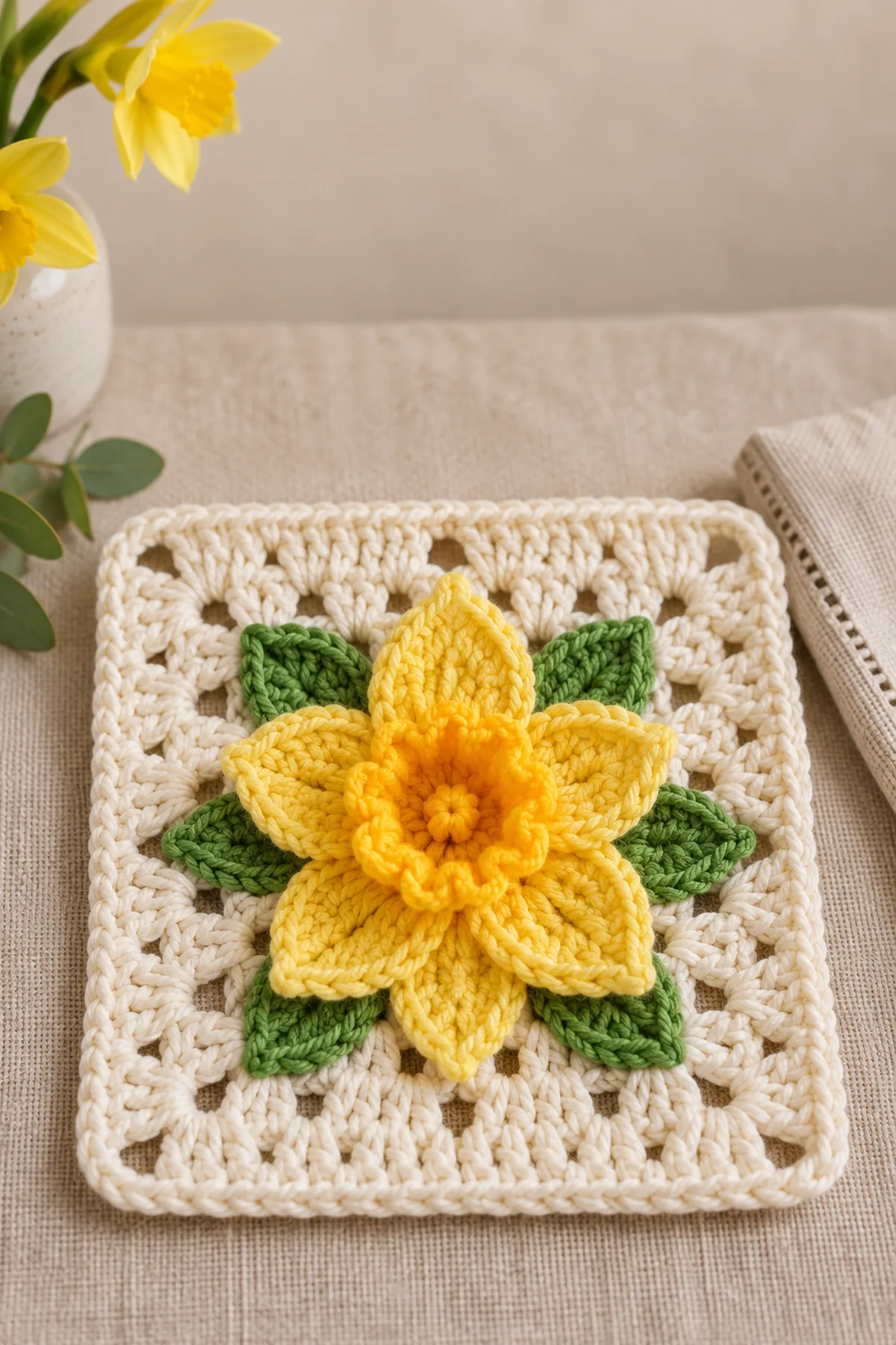 Finished easy crochet daffodil granny square displayed with a clean handmade finish