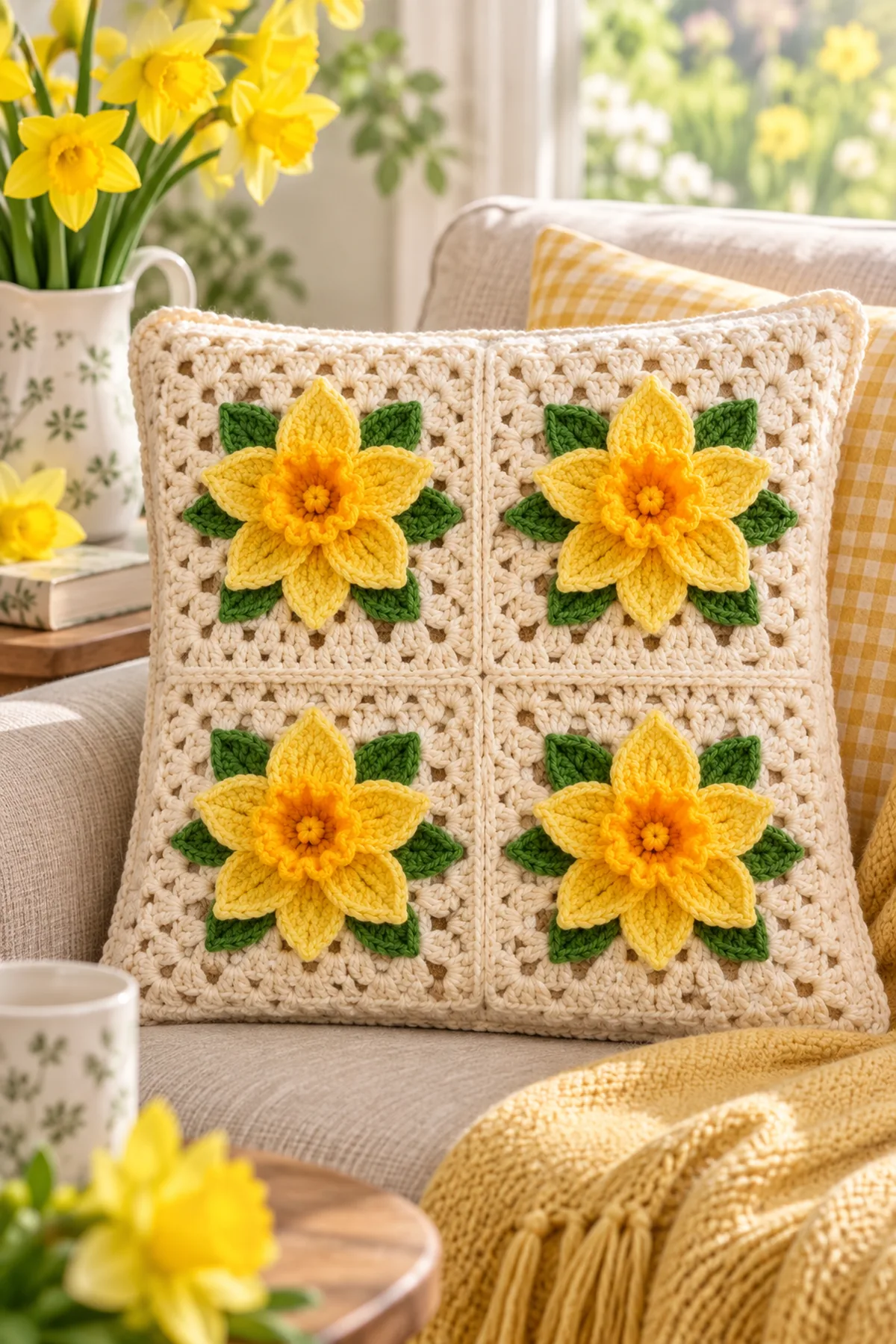 Finished easy crochet daffodil granny square styled in a bright natural setting