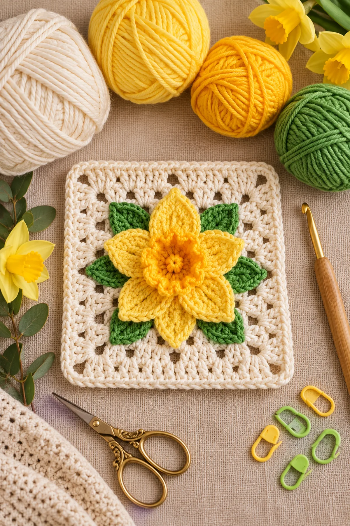 Yarn, crochet hook, stitch markers, yarn needle, tape measure, and scissors for easy crochet daffodil granny square