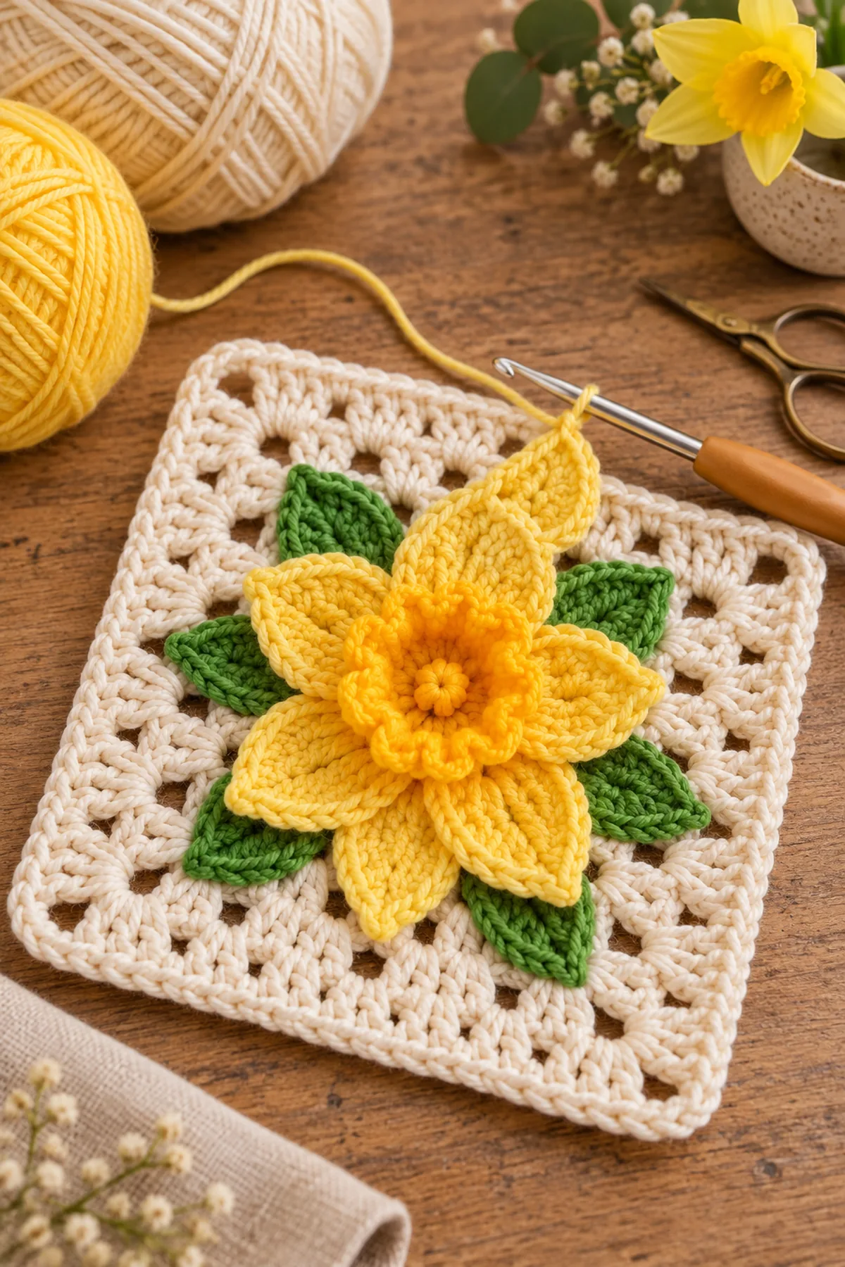 Early crochet construction stage for easy crochet daffodil granny square with working yarn and hook