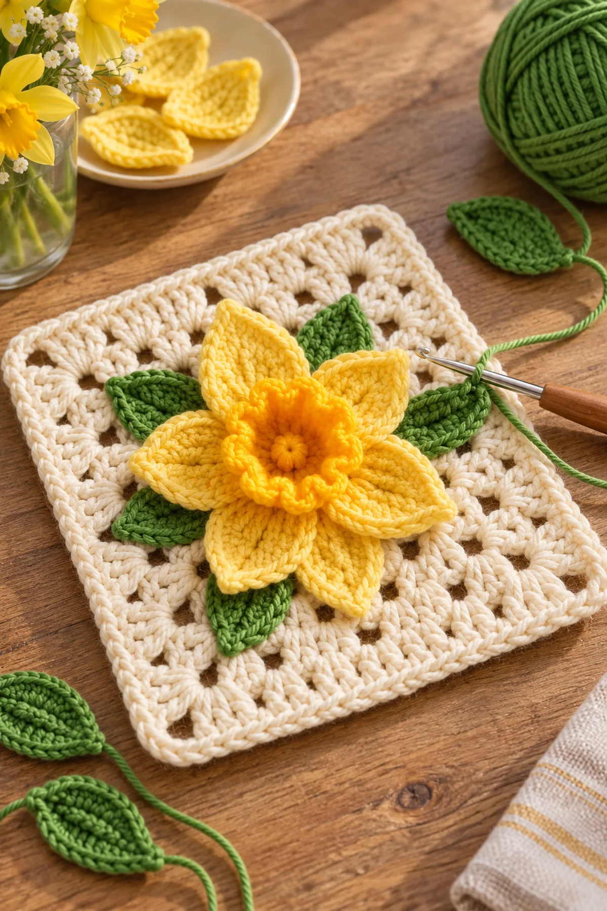 Mid-process crochet construction and shaping for easy crochet daffodil granny square