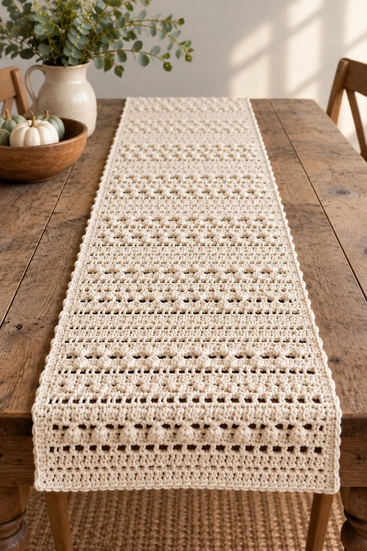 Close-up of the stitch texture and finishing details on easy crochet farmhouse table runner