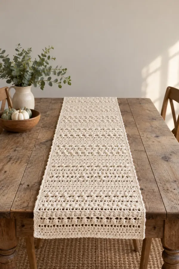 Finished easy crochet farmhouse table runner displayed with a clean handmade finish