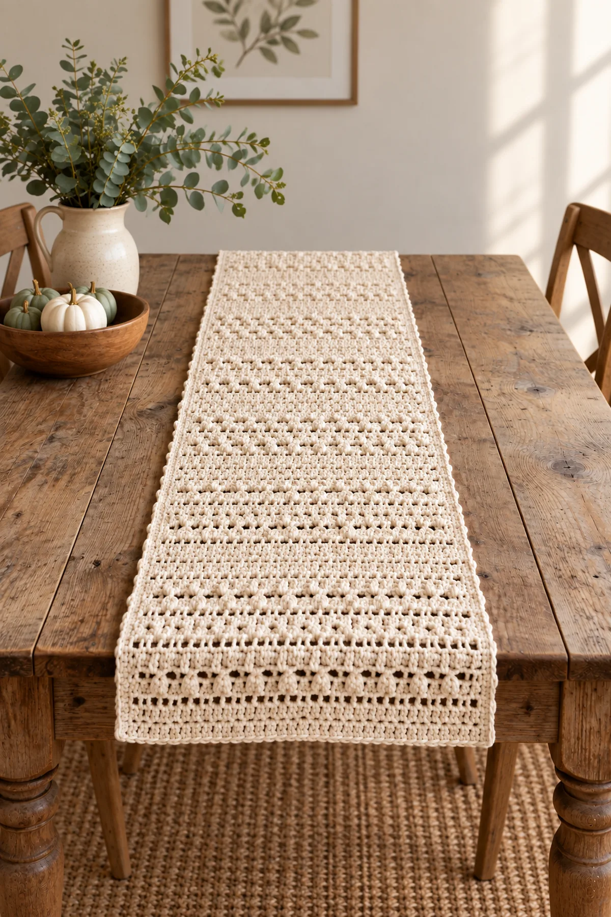 Finished easy crochet farmhouse table runner styled in a bright natural setting
