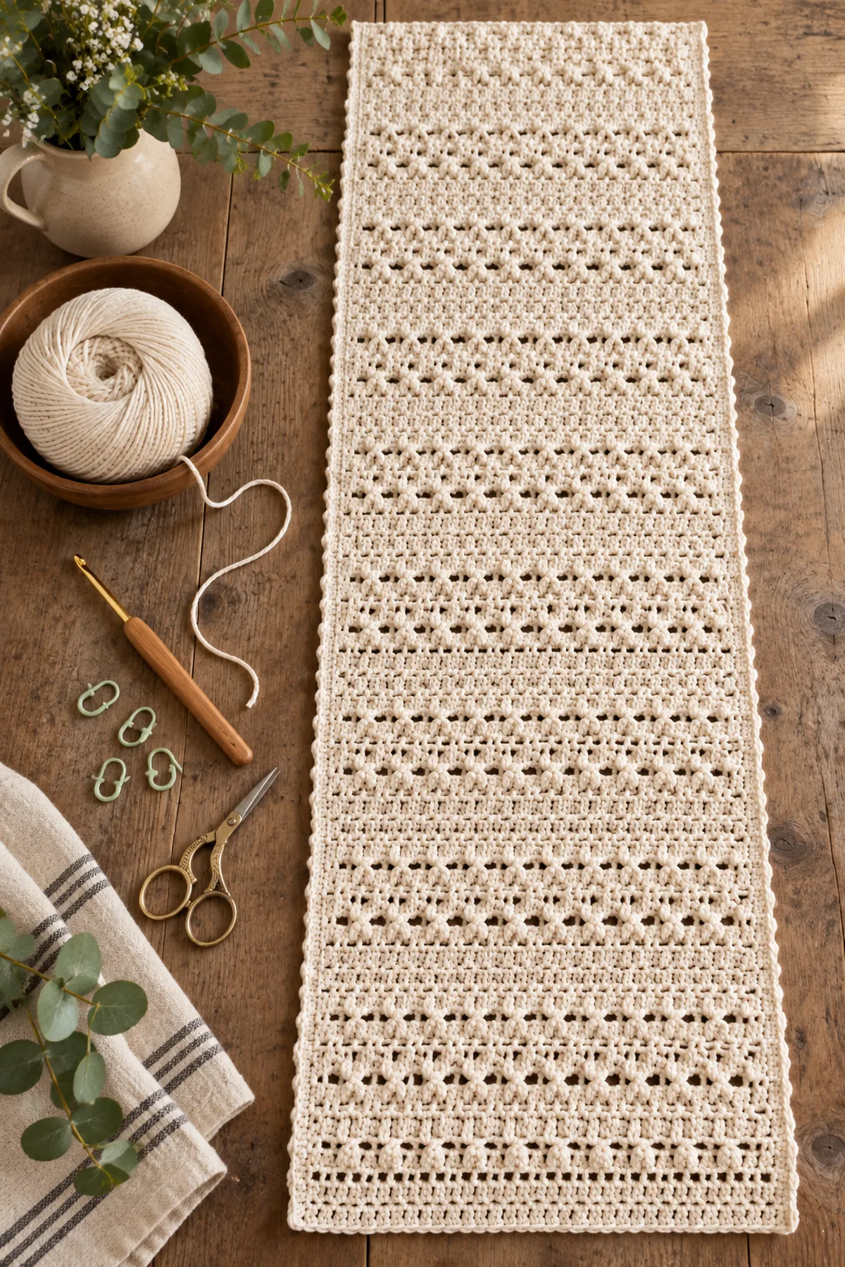Yarn, crochet hook, stitch markers, yarn needle, tape measure, and scissors for easy crochet farmhouse table runner