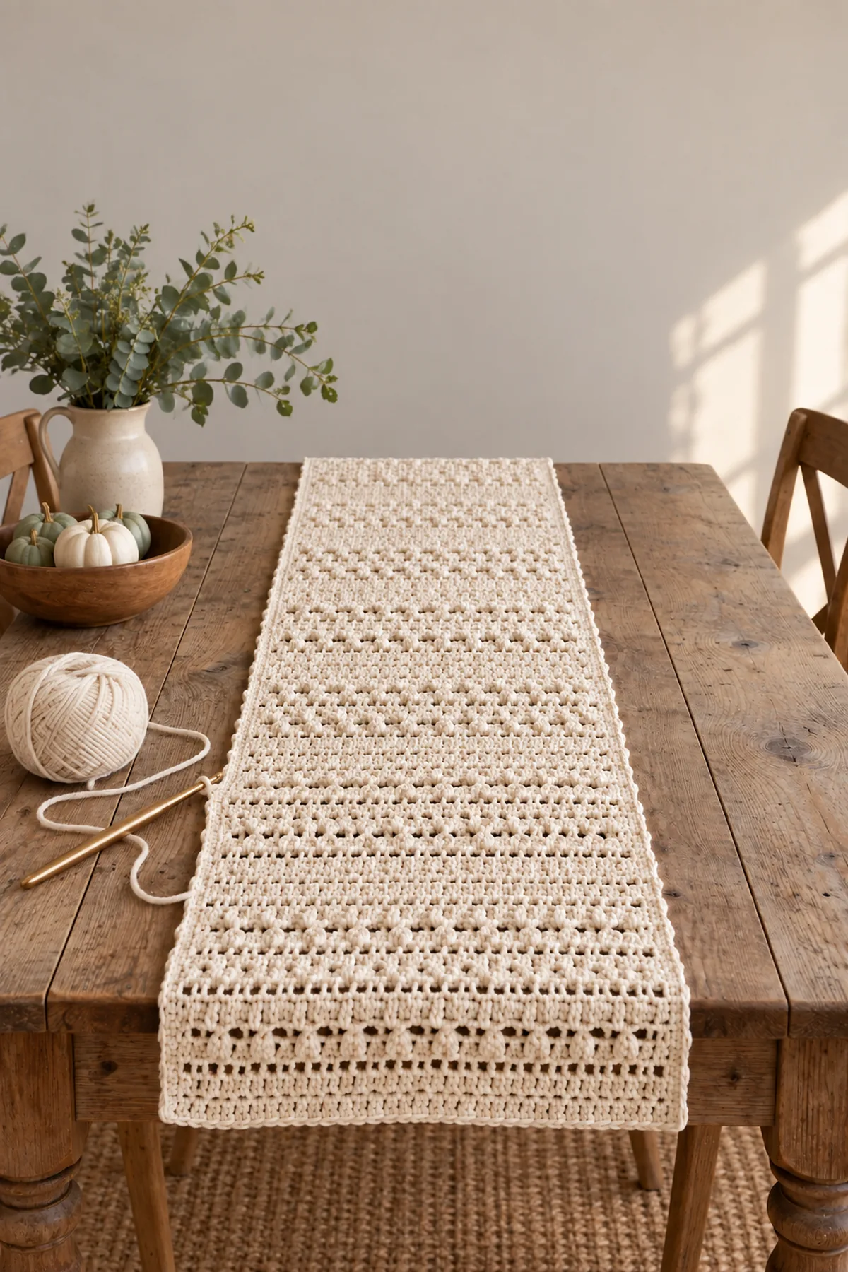 Early crochet construction stage for easy crochet farmhouse table runner with working yarn and hook