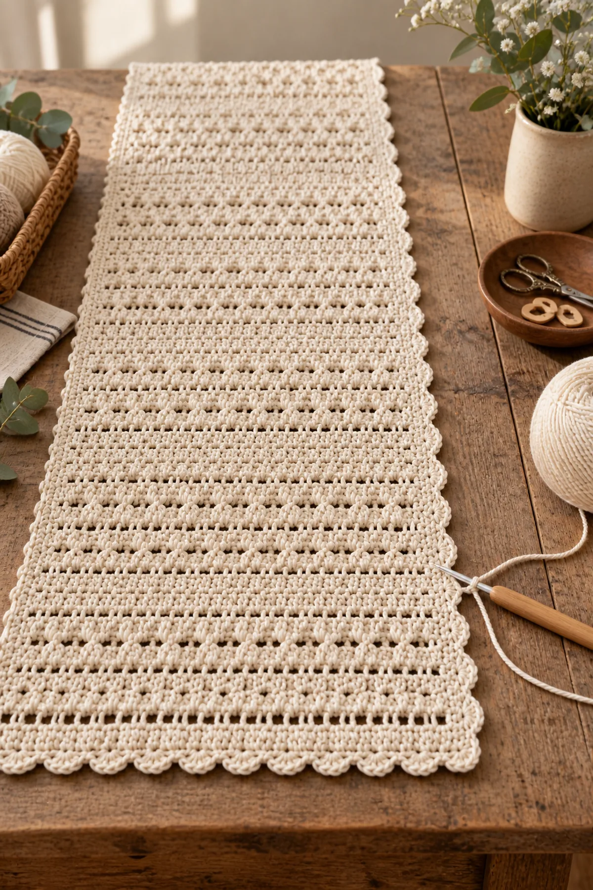 Mid-process crochet construction and shaping for easy crochet farmhouse table runner