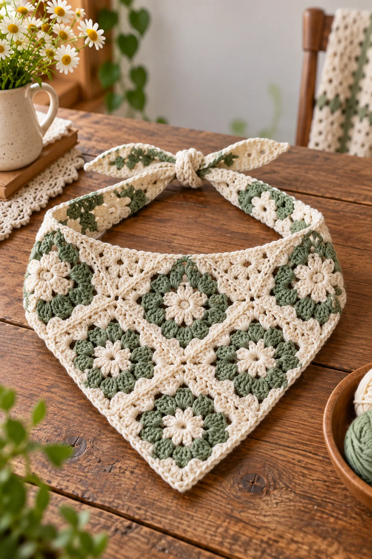 Close-up of the stitch texture and finishing details on easy crochet granny square bandana