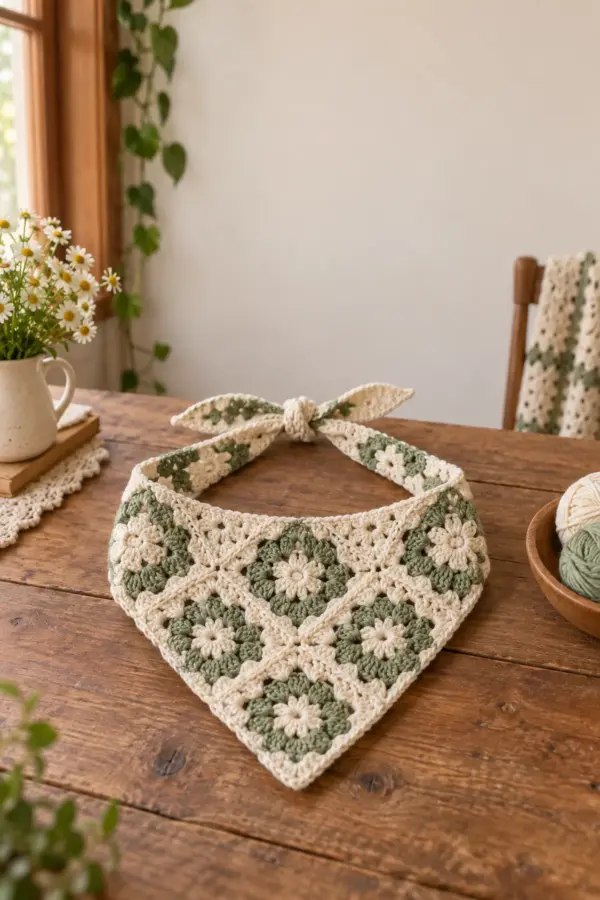 Finished easy crochet granny square bandana displayed with a clean handmade finish