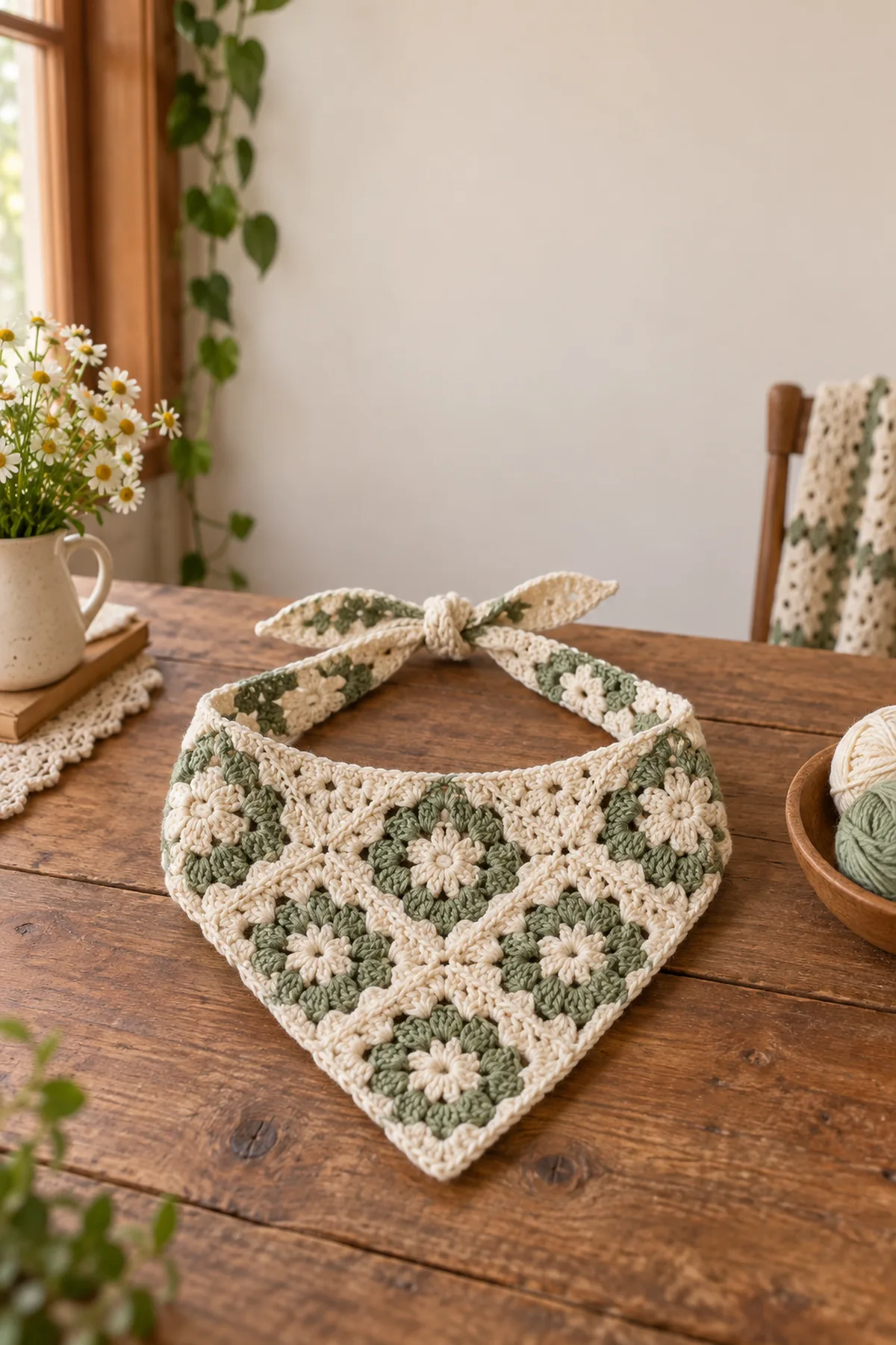 Finished easy crochet granny square bandana displayed with a clean handmade finish