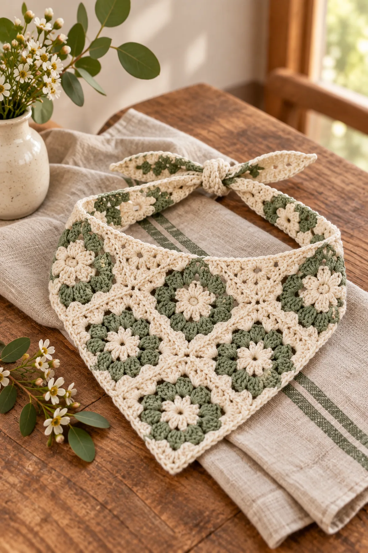Finished easy crochet granny square bandana styled in a bright natural setting