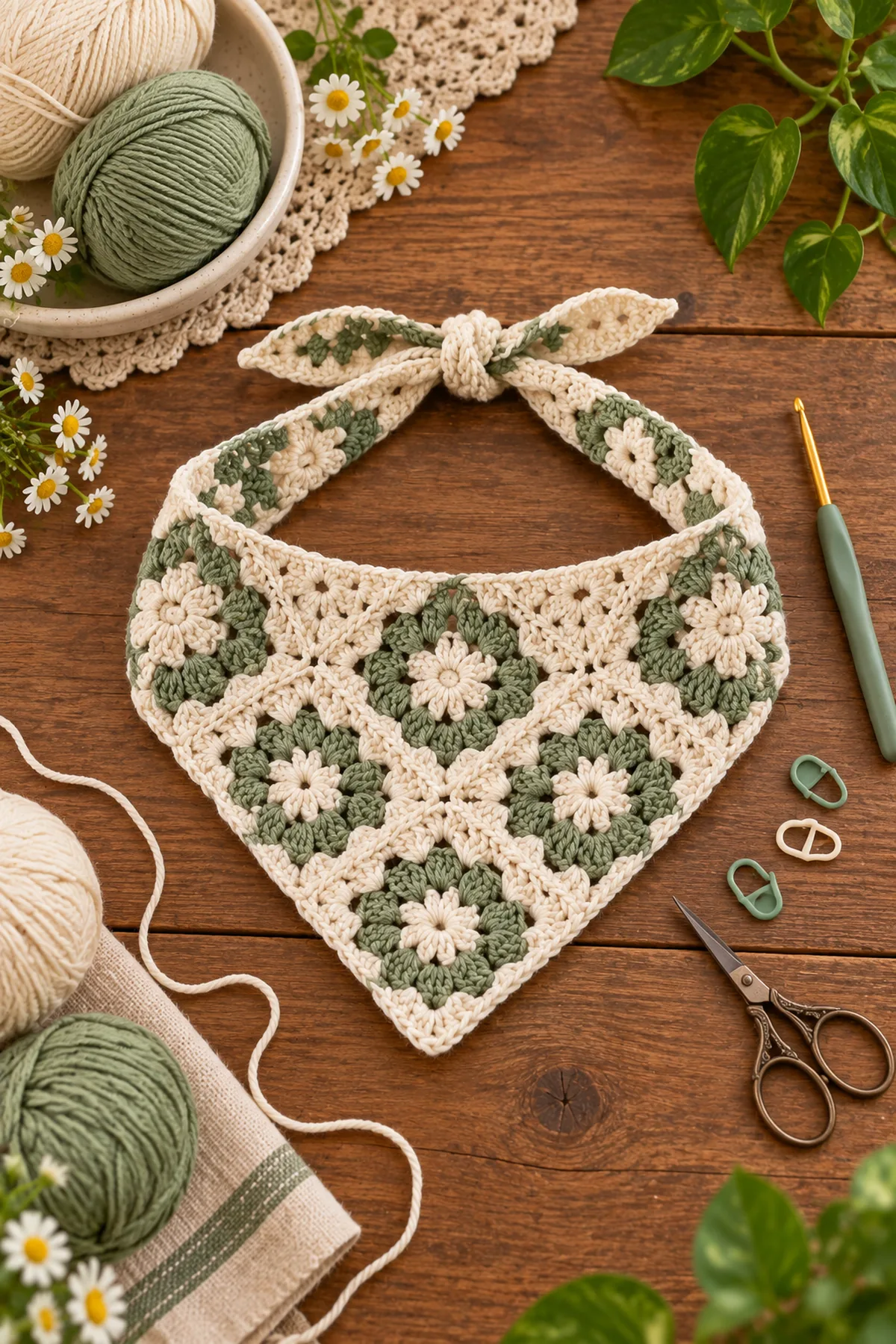 Yarn, crochet hook, stitch markers, yarn needle, tape measure, and scissors for easy crochet granny square bandana