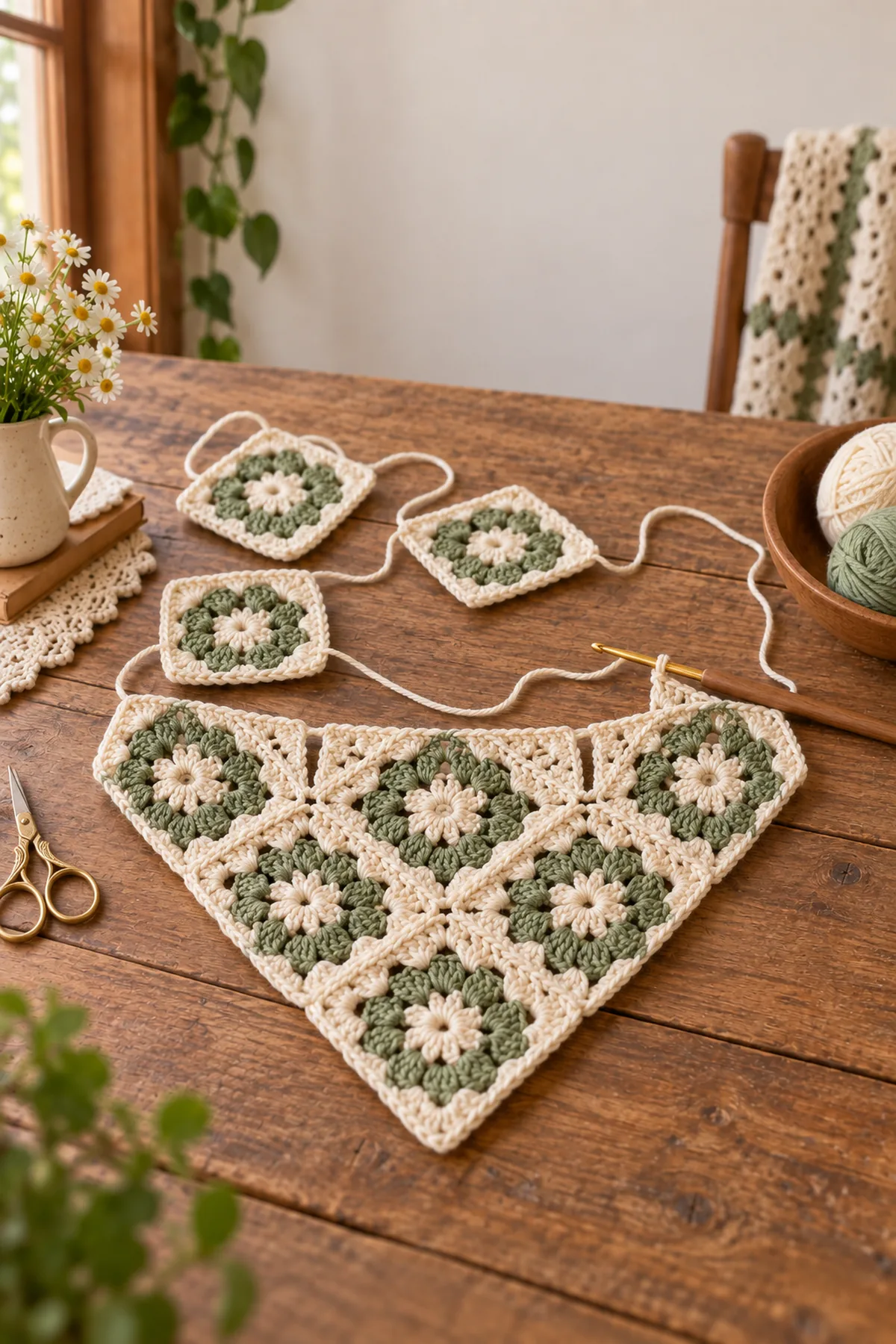 Early crochet construction stage for easy crochet granny square bandana with working yarn and hook