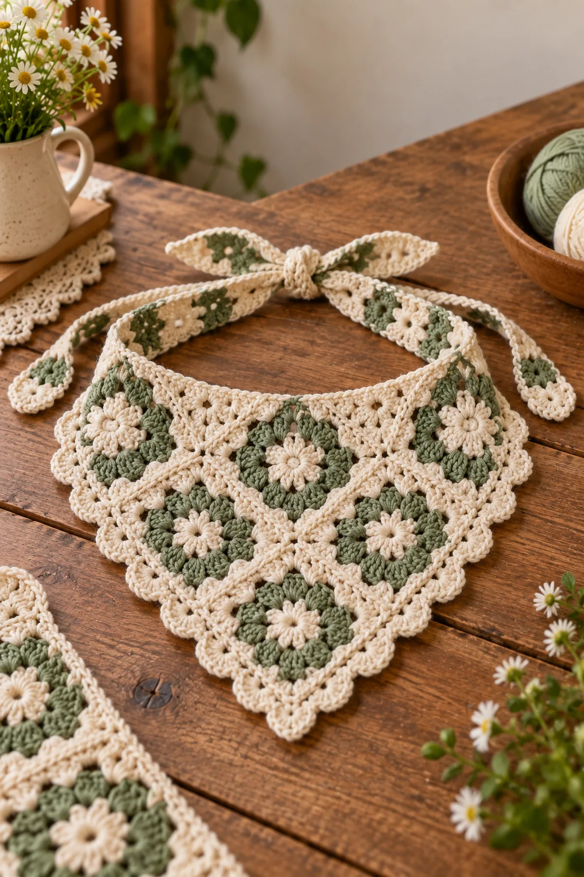 Mid-process crochet construction and shaping for easy crochet granny square bandana