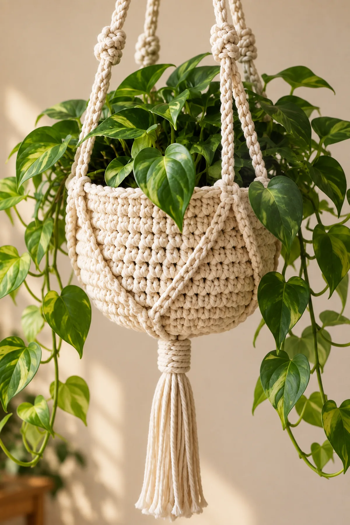 Close-up of the stitch texture and finishing details on easy crochet hanging plant basket