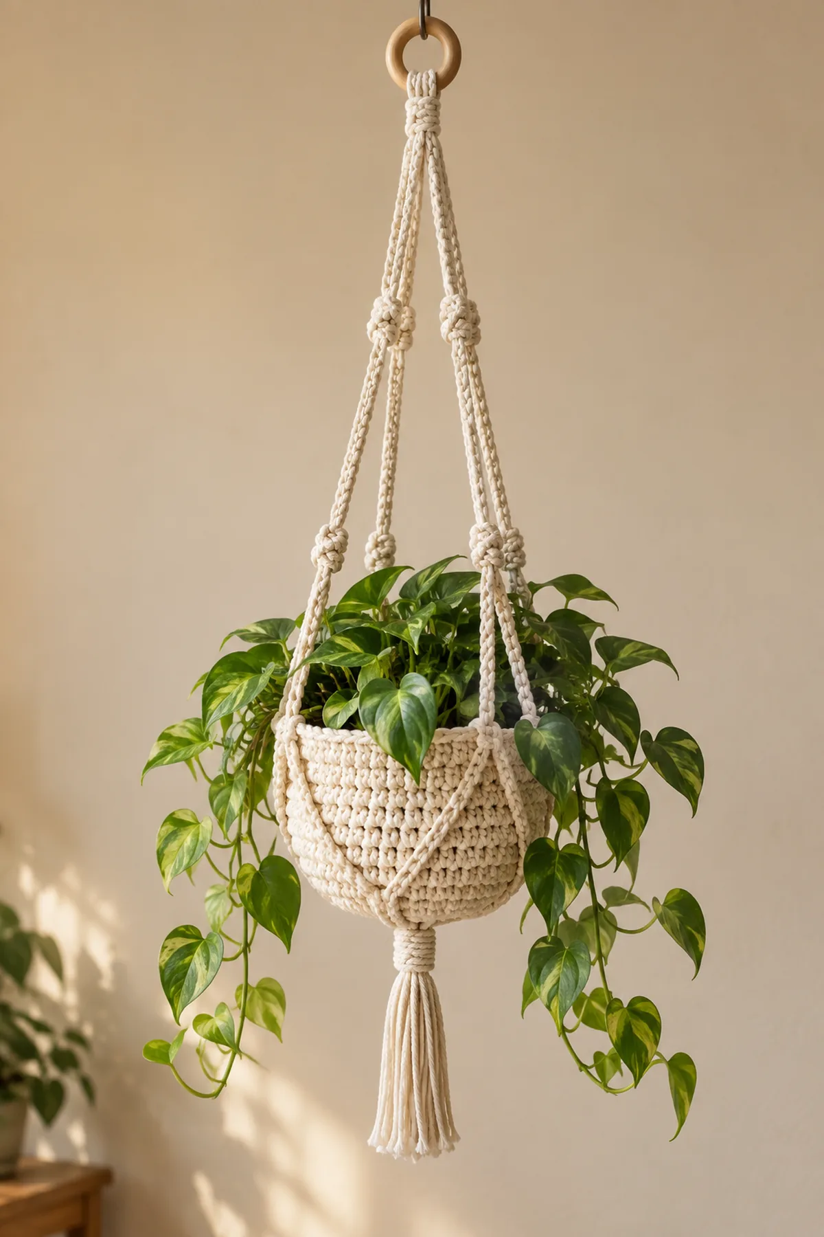 Finished easy crochet hanging plant basket displayed with a clean handmade finish