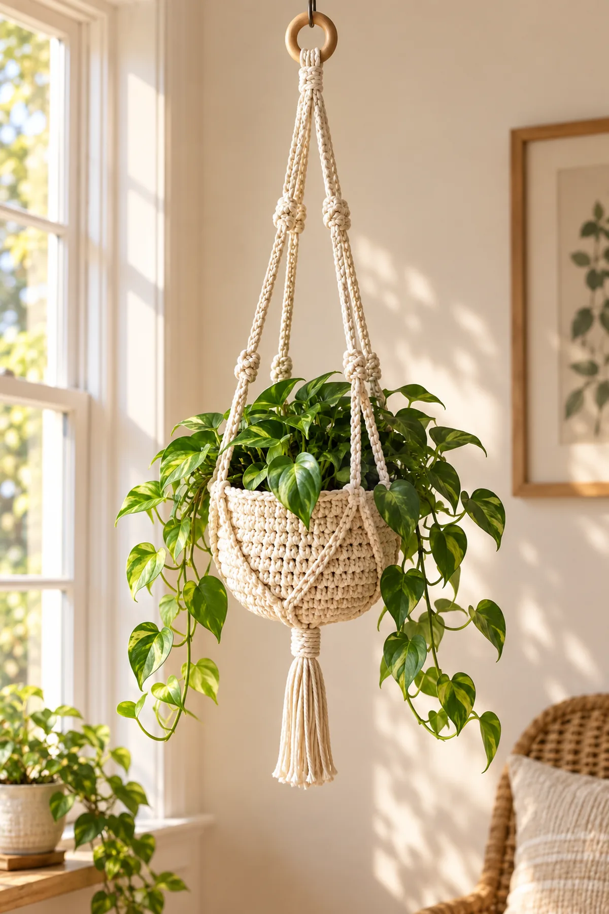 Finished easy crochet hanging plant basket styled in a bright natural setting