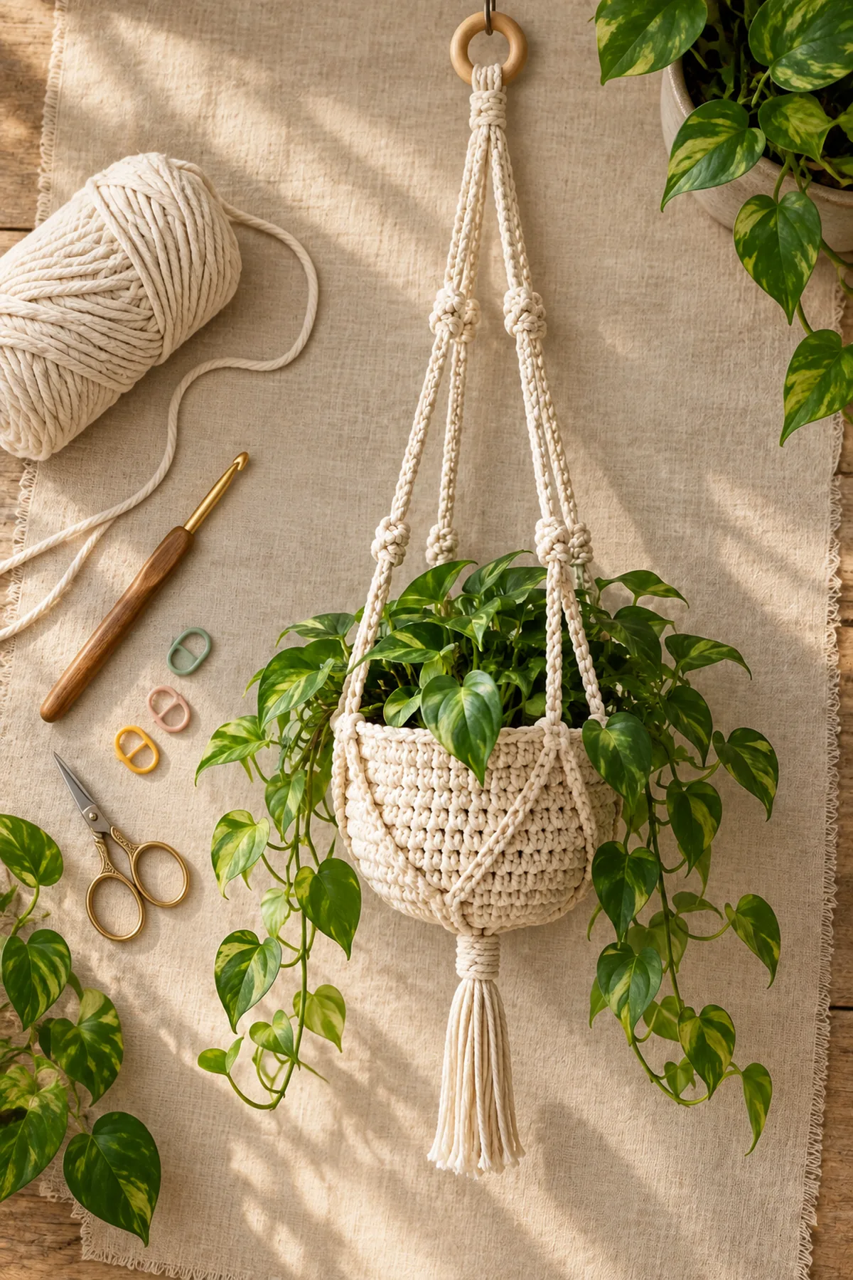 Yarn, crochet hook, stitch markers, yarn needle, tape measure, and scissors for easy crochet hanging plant basket