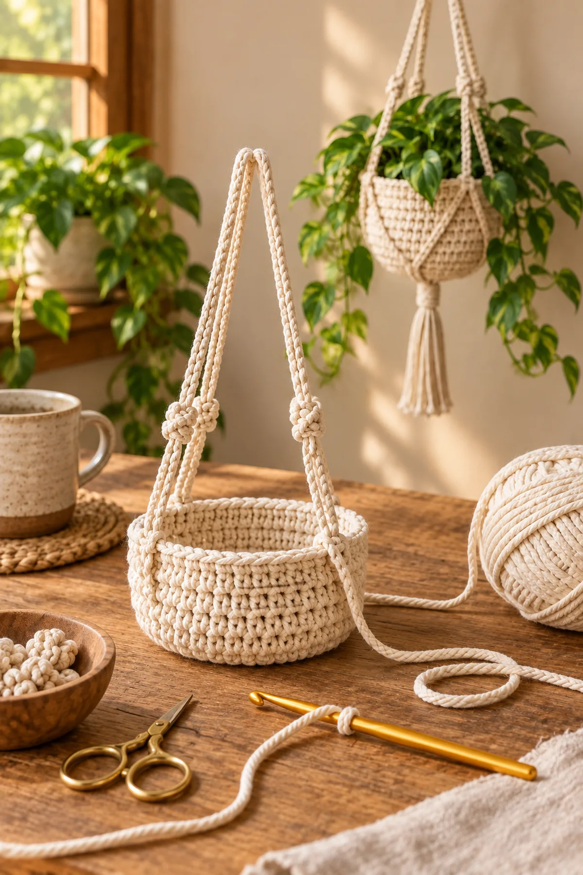 Early crochet construction stage for easy crochet hanging plant basket with working yarn and hook