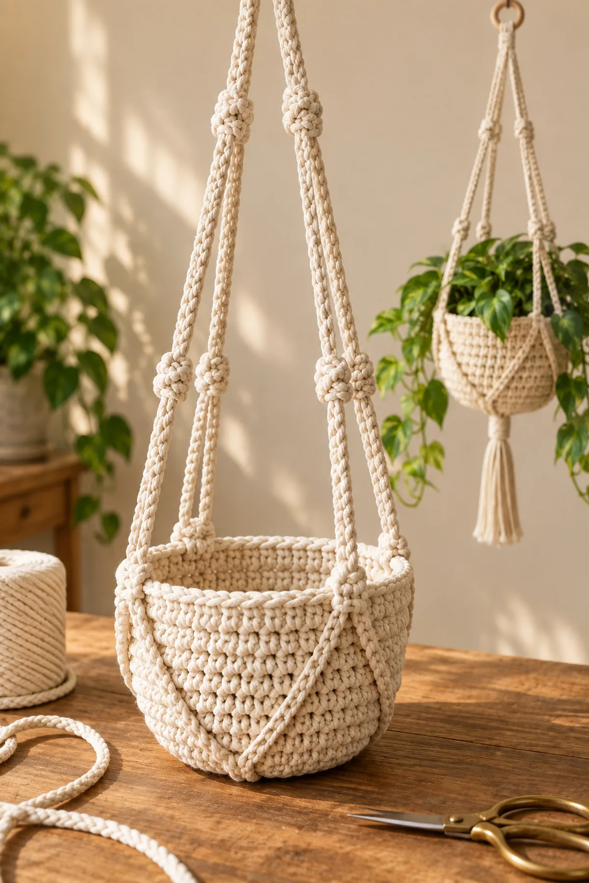 Mid-process crochet construction and shaping for easy crochet hanging plant basket