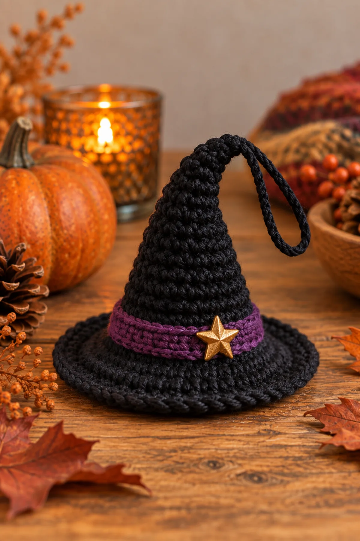 Close-up of the stitch texture and finishing details on easy crochet mini witch hat ornament