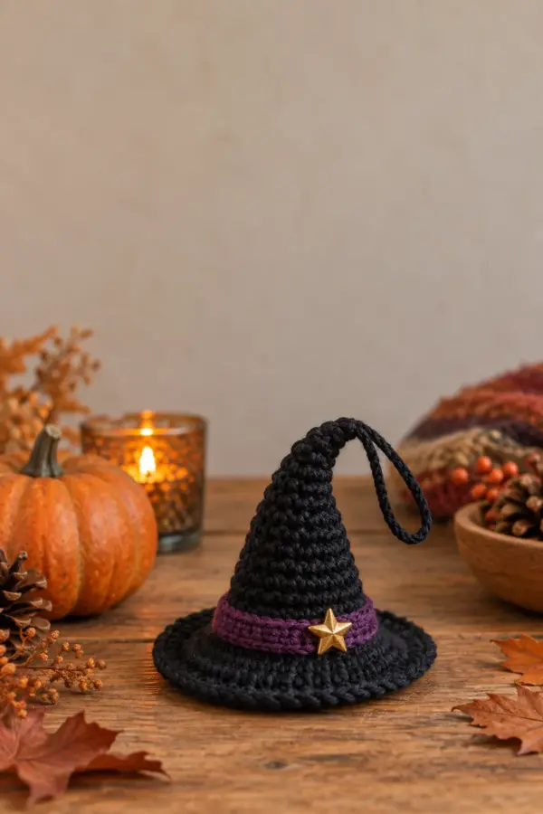 Finished easy crochet mini witch hat ornament displayed with a clean handmade finish