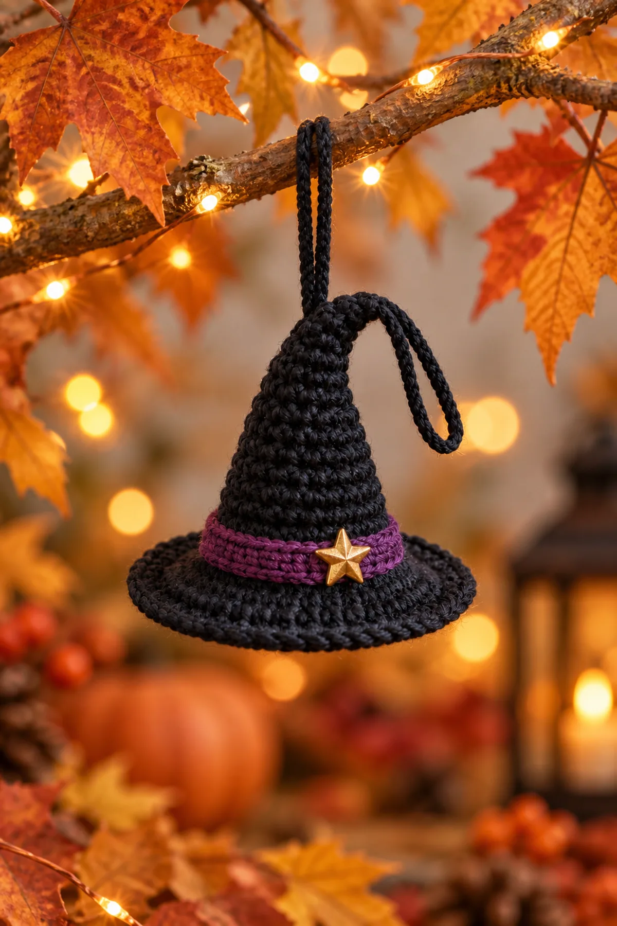 Finished easy crochet mini witch hat ornament styled in a bright natural setting