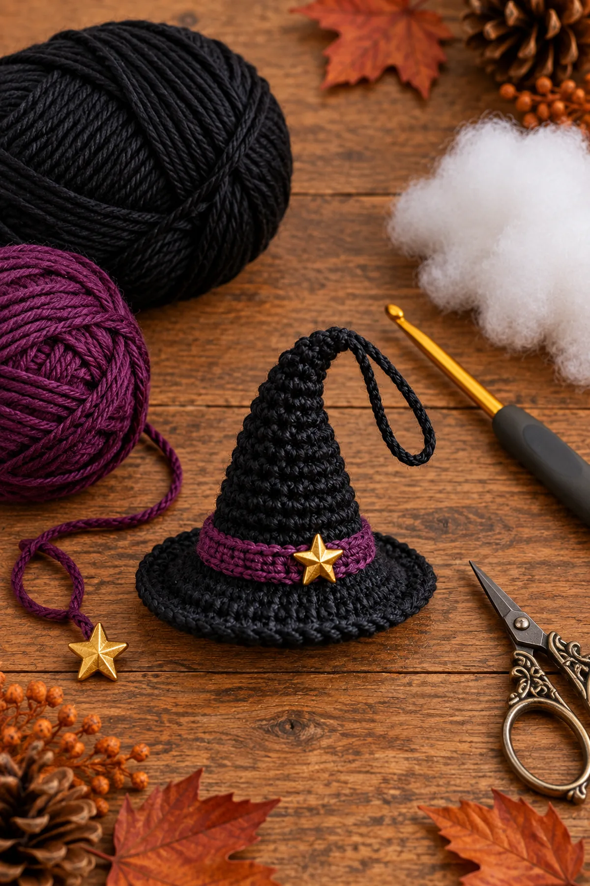 Yarn, crochet hook, stitch markers, yarn needle, tape measure, and scissors for easy crochet mini witch hat ornament