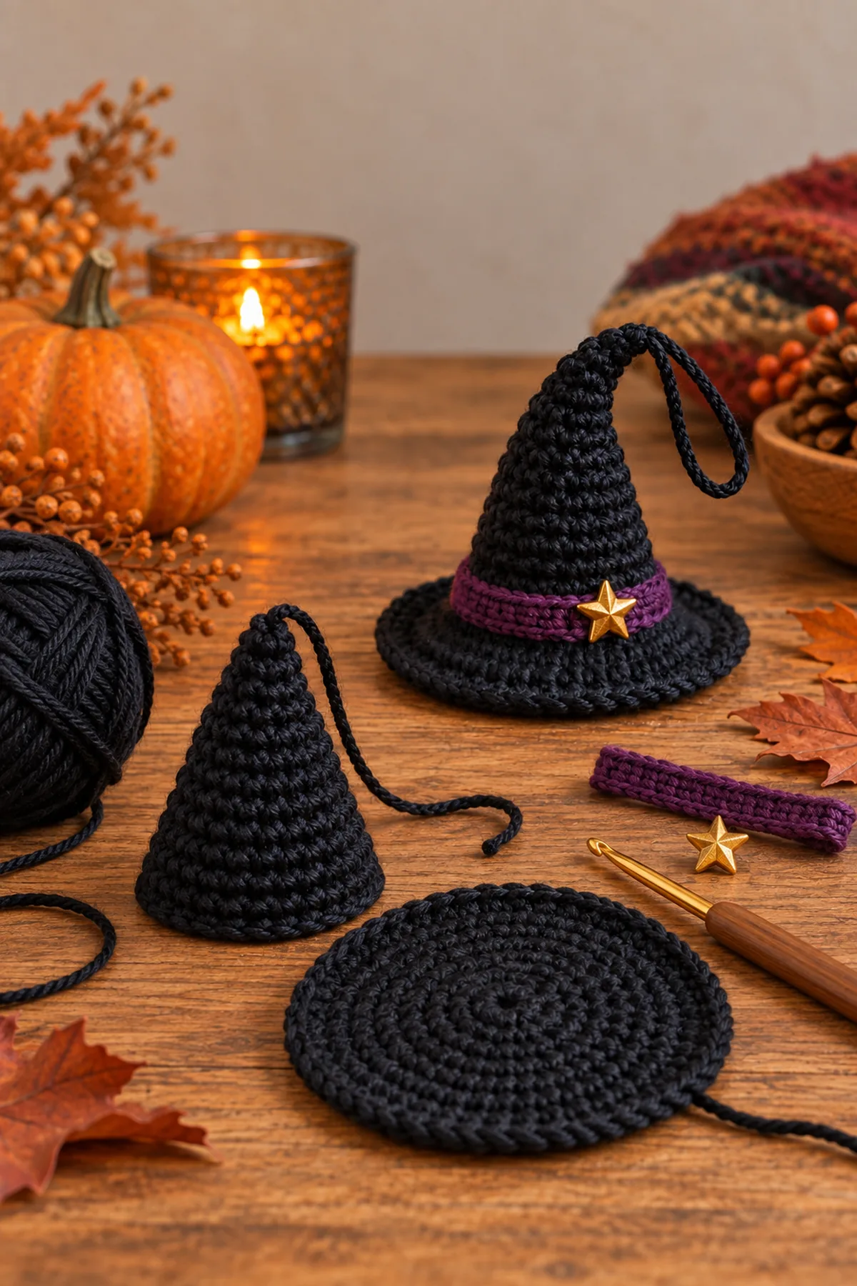 Early crochet construction stage for easy crochet mini witch hat ornament with working yarn and hook