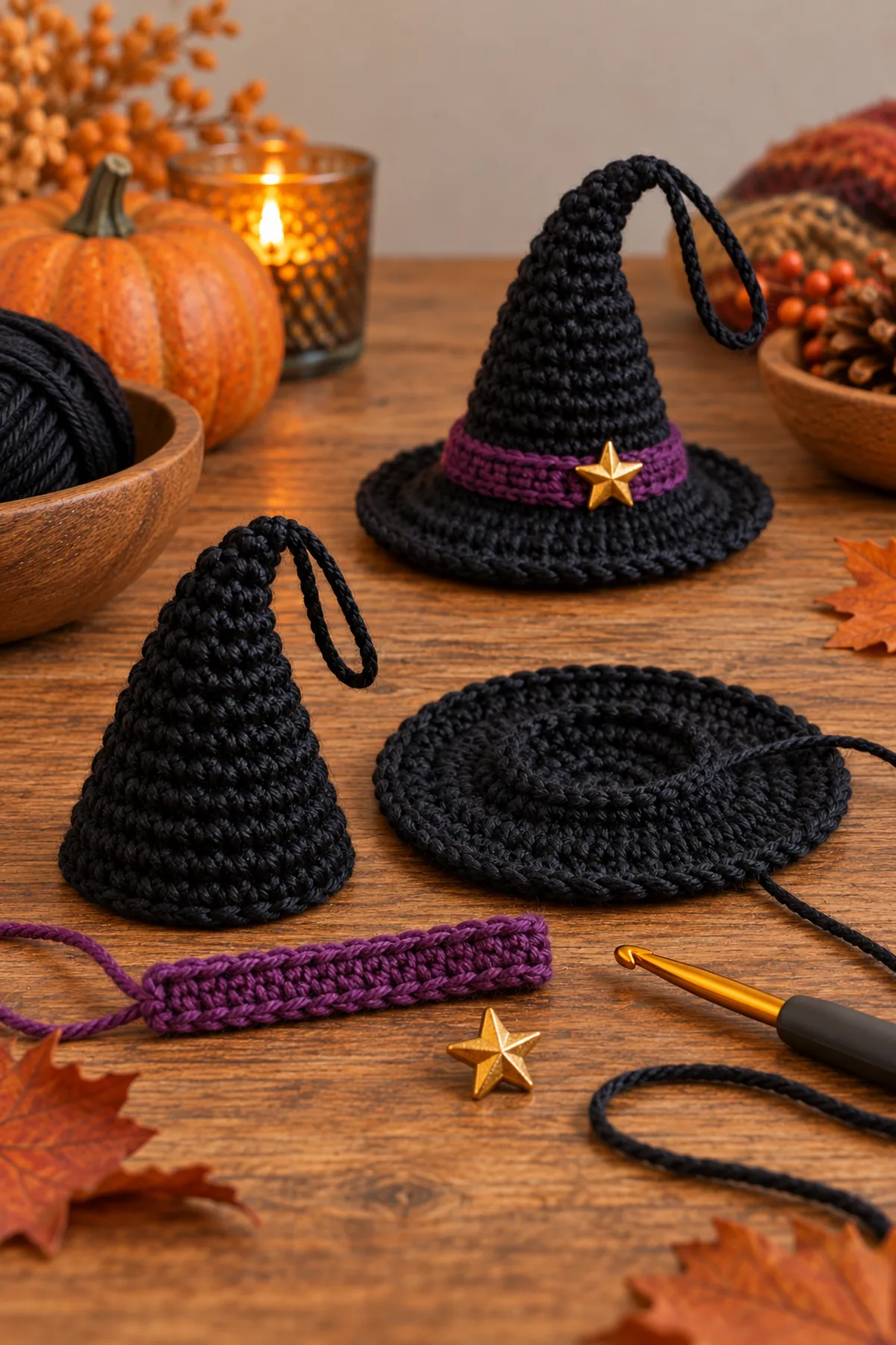 Mid-process crochet construction and shaping for easy crochet mini witch hat ornament
