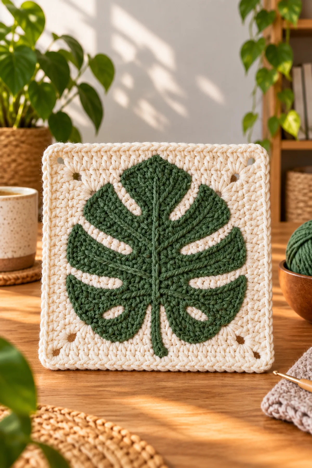 Close-up of the stitch texture and finishing details on easy crochet monstera leaf granny square