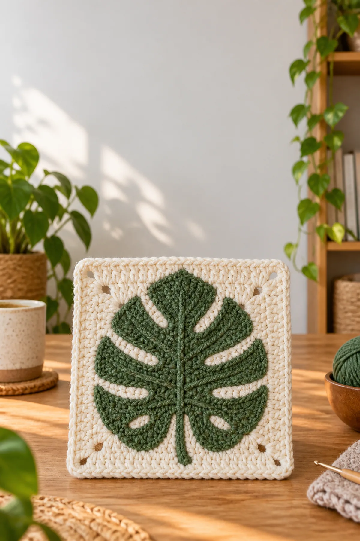 Finished easy crochet monstera leaf granny square displayed with a clean handmade finish